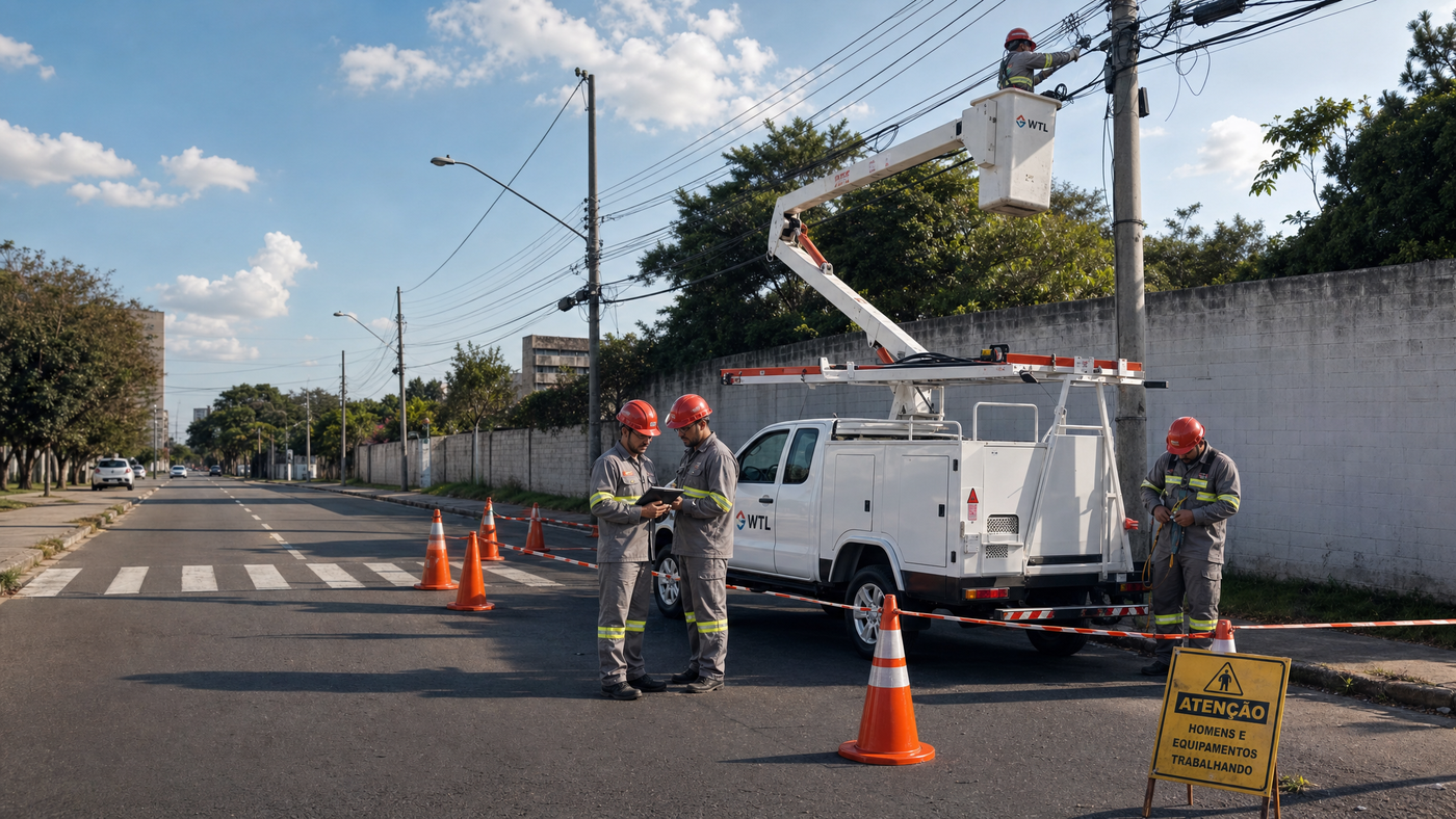 Equipe WTL iniciando atividade segura com caminhao cesto, isolamento, EPI e supervisao operacional